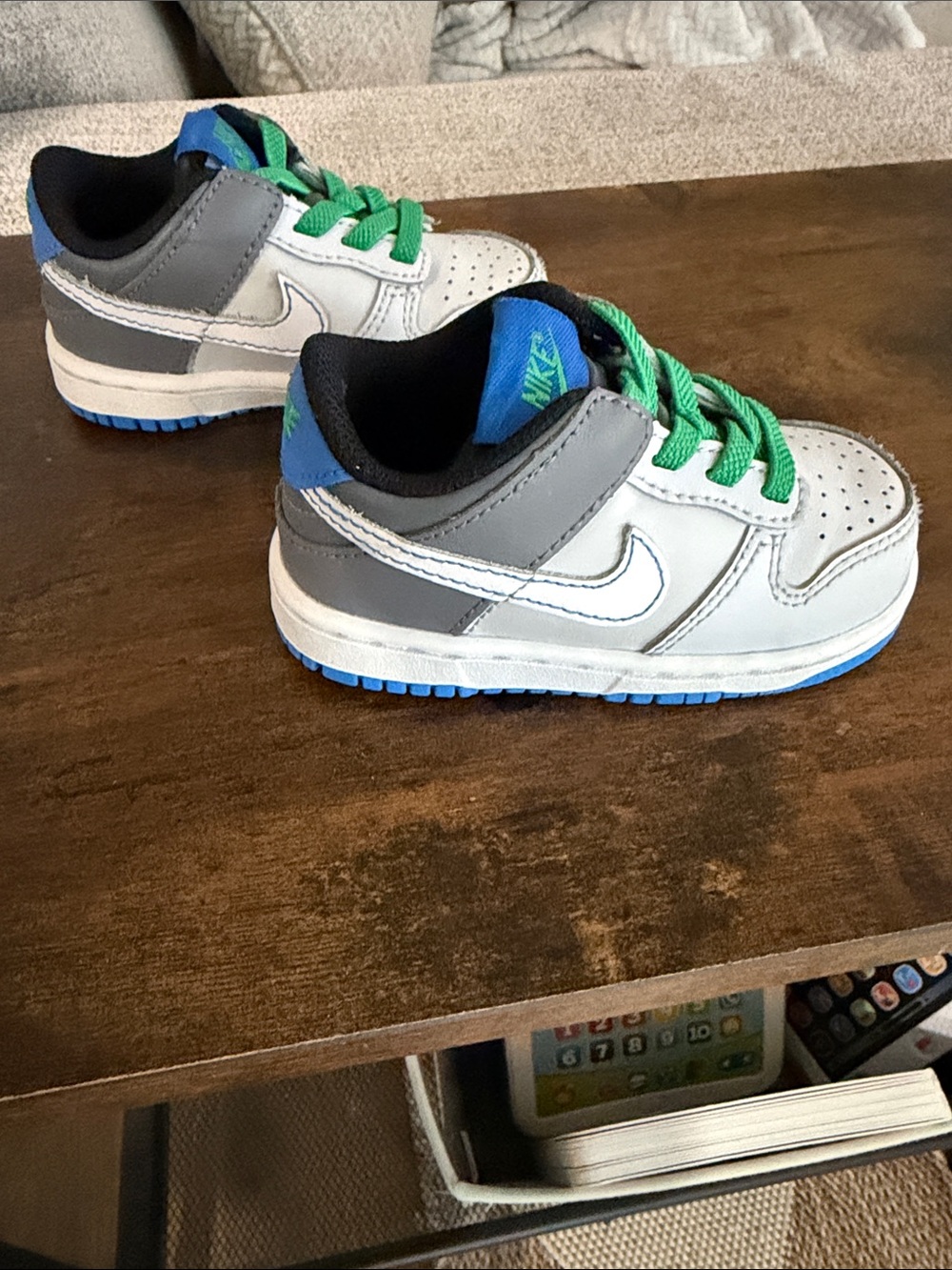 Nike Kids Low-Top Sneakers in White, Gray, Blue & Green. 5c